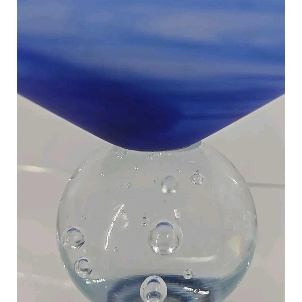 Satin blue Swirl Compote  Polished  Clear Glass Base W/ Bubbles 7
